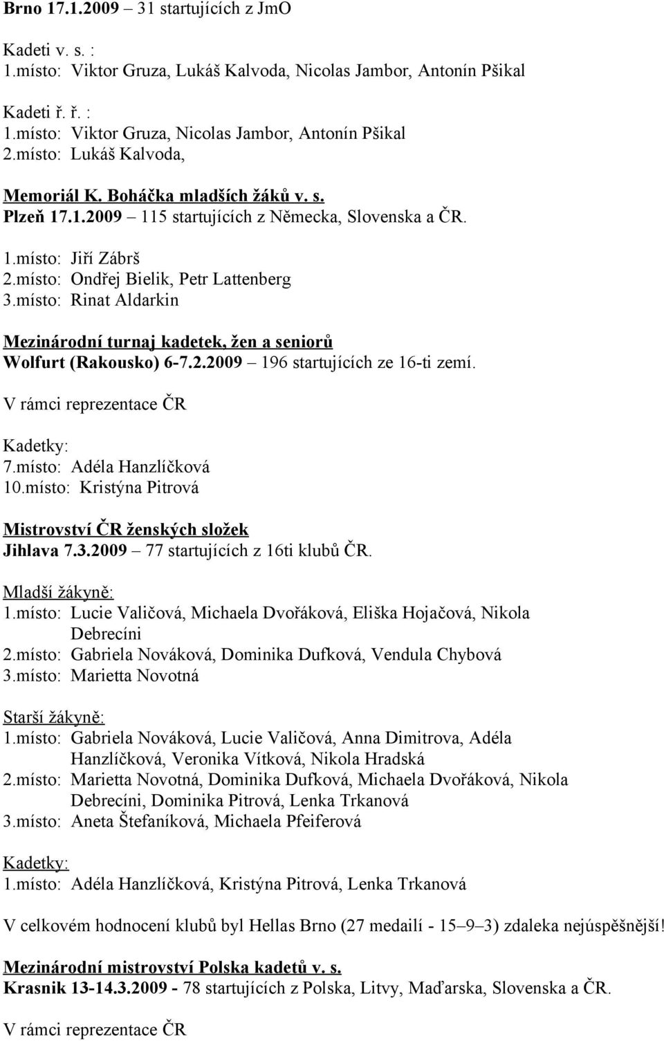 místo: Rinat Aldarkin Mezinárodní turnaj kadetek, žen a seniorů Wolfurt (Rakousko) 6-7.2.2009 196 startujících ze 16-ti zemí. V rámci reprezentace ČR Kadetky: 7.místo: Adéla Hanzlíčková 10.