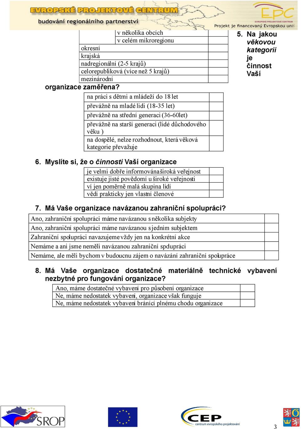 která věková kategorie převažuje 5. Na jakou věkovou kategorii je činnost Vaší 6.