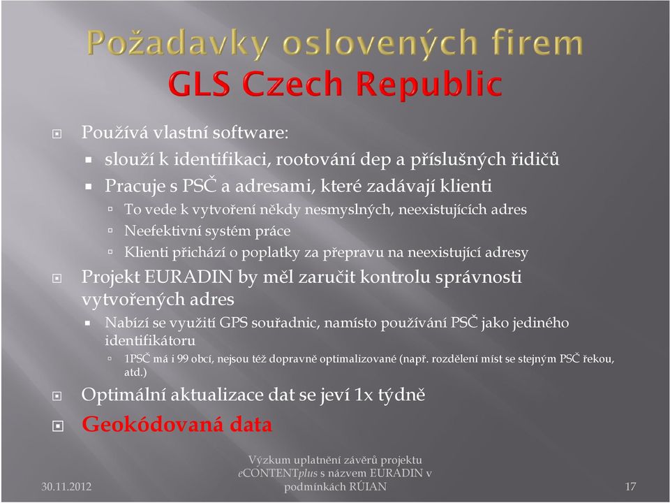 EURADIN by měl zaručit kontrolu správnosti vytvořených adres Nabízí se využití GPS souřadnic, namísto používání PSČ jako jediného identifikátoru 1PSČ