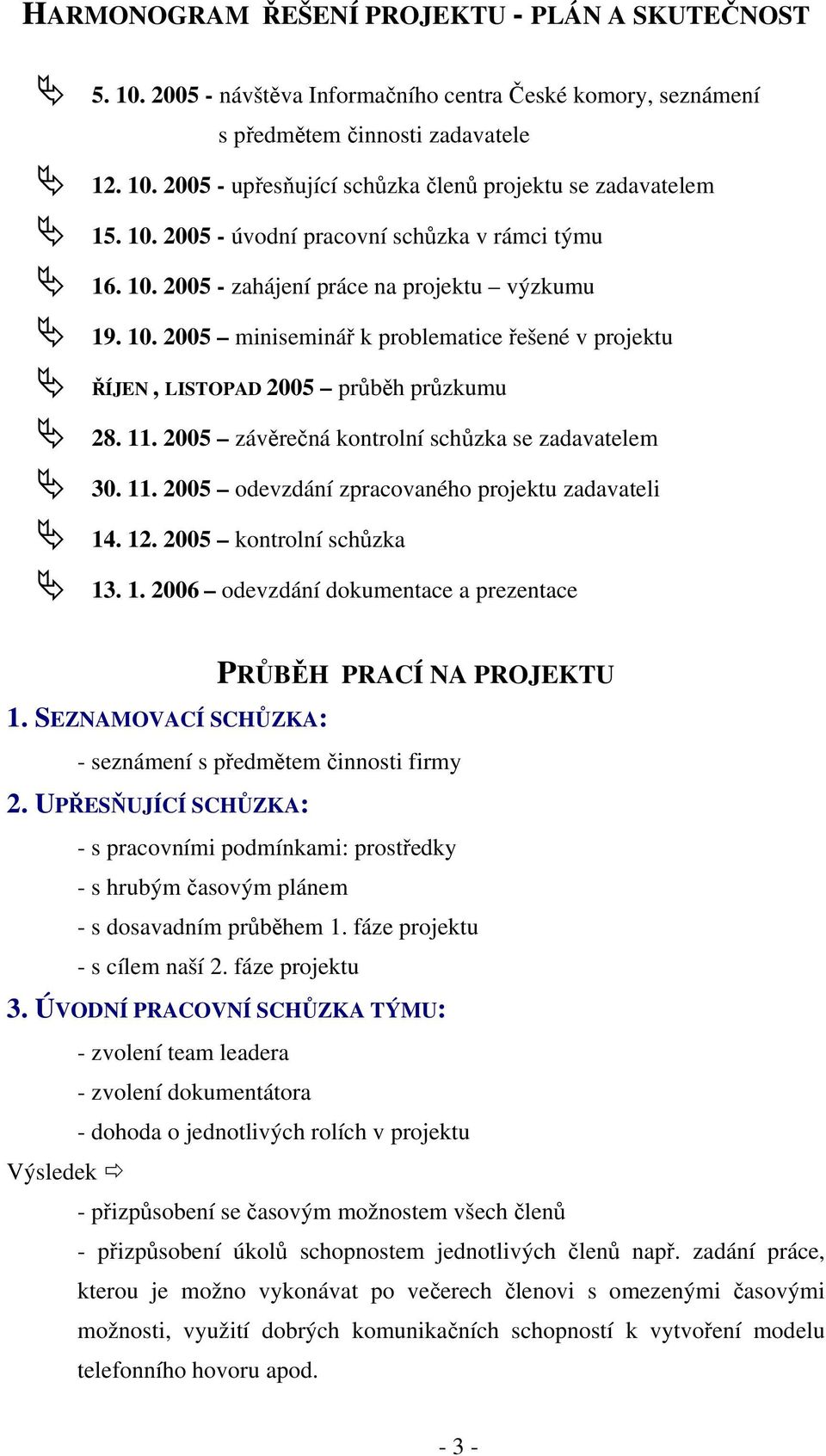 2005 závěrečná kontrolní schůzka se zadavatelem 30. 11. 2005 odevzdání zpracovaného projektu zadavateli 14. 12. 2005 kontrolní schůzka 13. 1. 2006 odevzdání dokumentace a prezentace PRŮBĚH PRACÍ NA PROJEKTU 1.