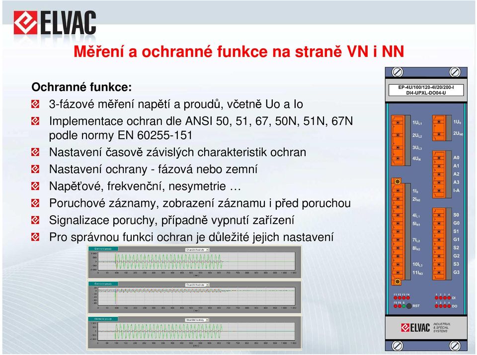 charakteristik ochran Nastavení ochrany - fázová nebo zemní Napěťové, frekvenční, nesymetrie Poruchové záznamy,