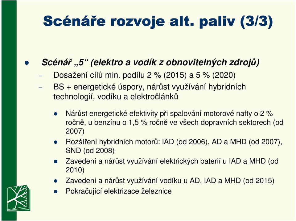 při spalování motorové nafty o 2 % ročně, u benzínu o 1,5 % ročně ve všech dopravních sektorech (od 27) Rozšíření hybridních motorů: IAD (od 26),