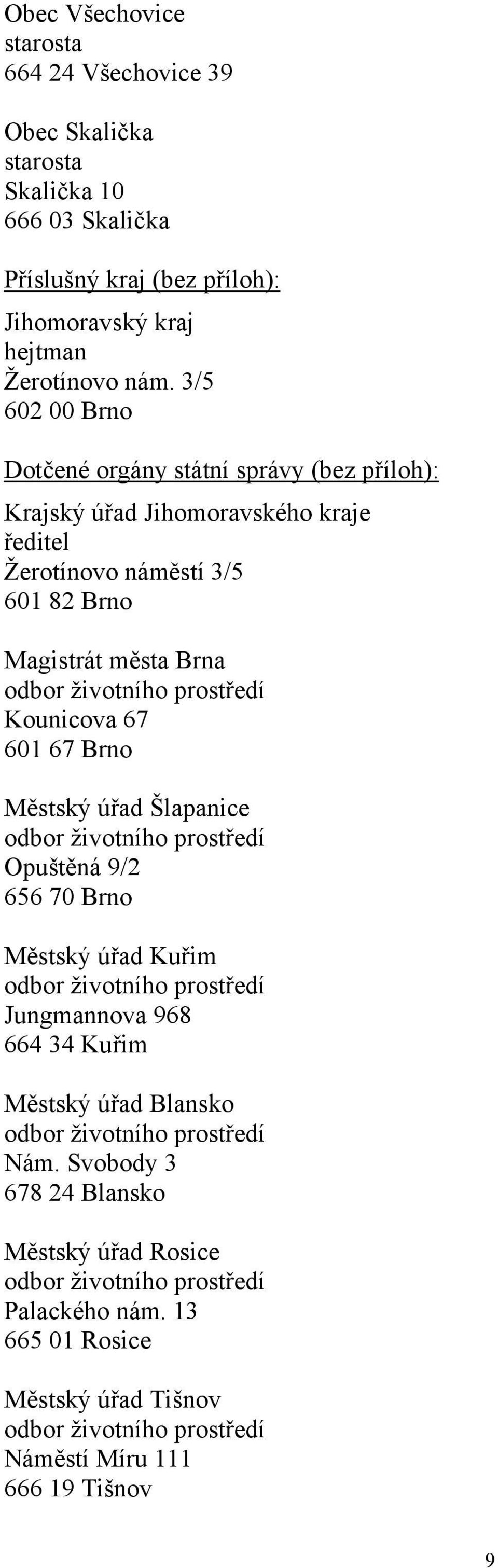 Magistrát města Brna Kounicova 67 601 67 Brno Městský úřad Šlapanice Opuštěná 9/2 656 70 Brno Městský úřad Kuřim Jungmannova 968 664 34 Kuřim