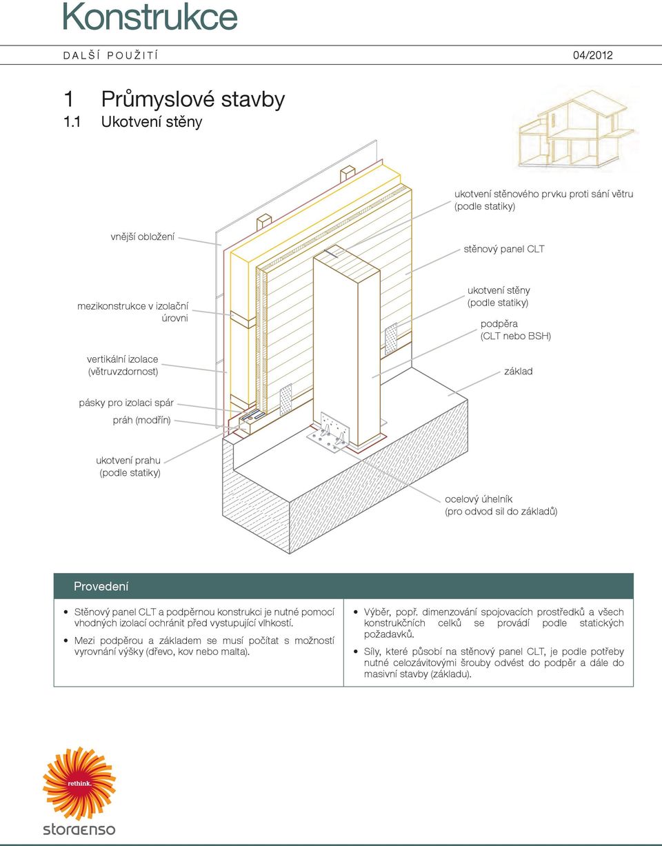 ukotvení stěny podpěra (CLT nebo BS ) základ pásky pro izolaci spár práh (modřín) ukotvení prahu ocelový úhelník (pro odvod sil do základů) Stěnový panel CLT a