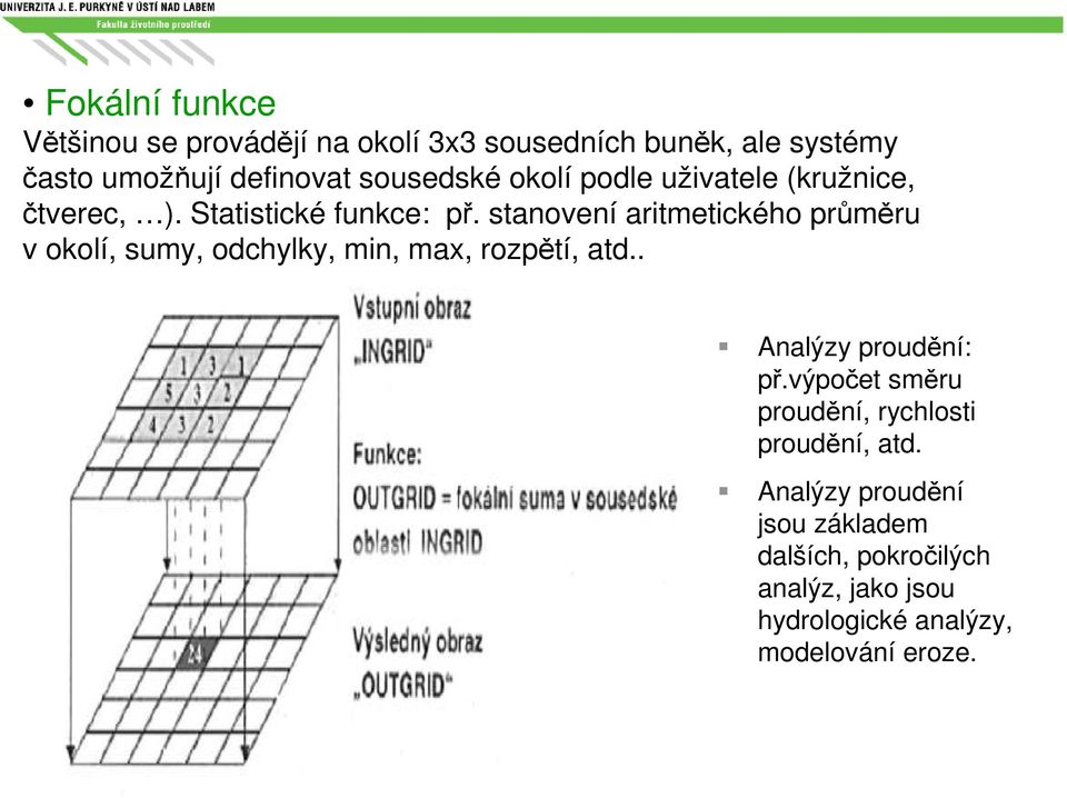 stanovení aritmetického průměru v okolí, sumy, odchylky, min, max, rozpětí, atd.. Analýzy proudění: př.