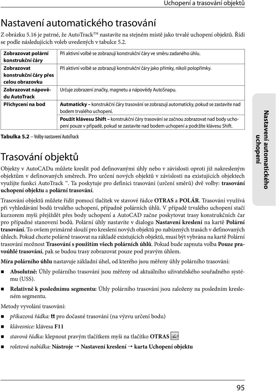 Zobrazovat polární konstrukční čáry Zobrazovat konstrukční čáry přes celou obrazovku Zobrazovat nápovědu AutoTrack Přichycení na bod Tabulka 5.