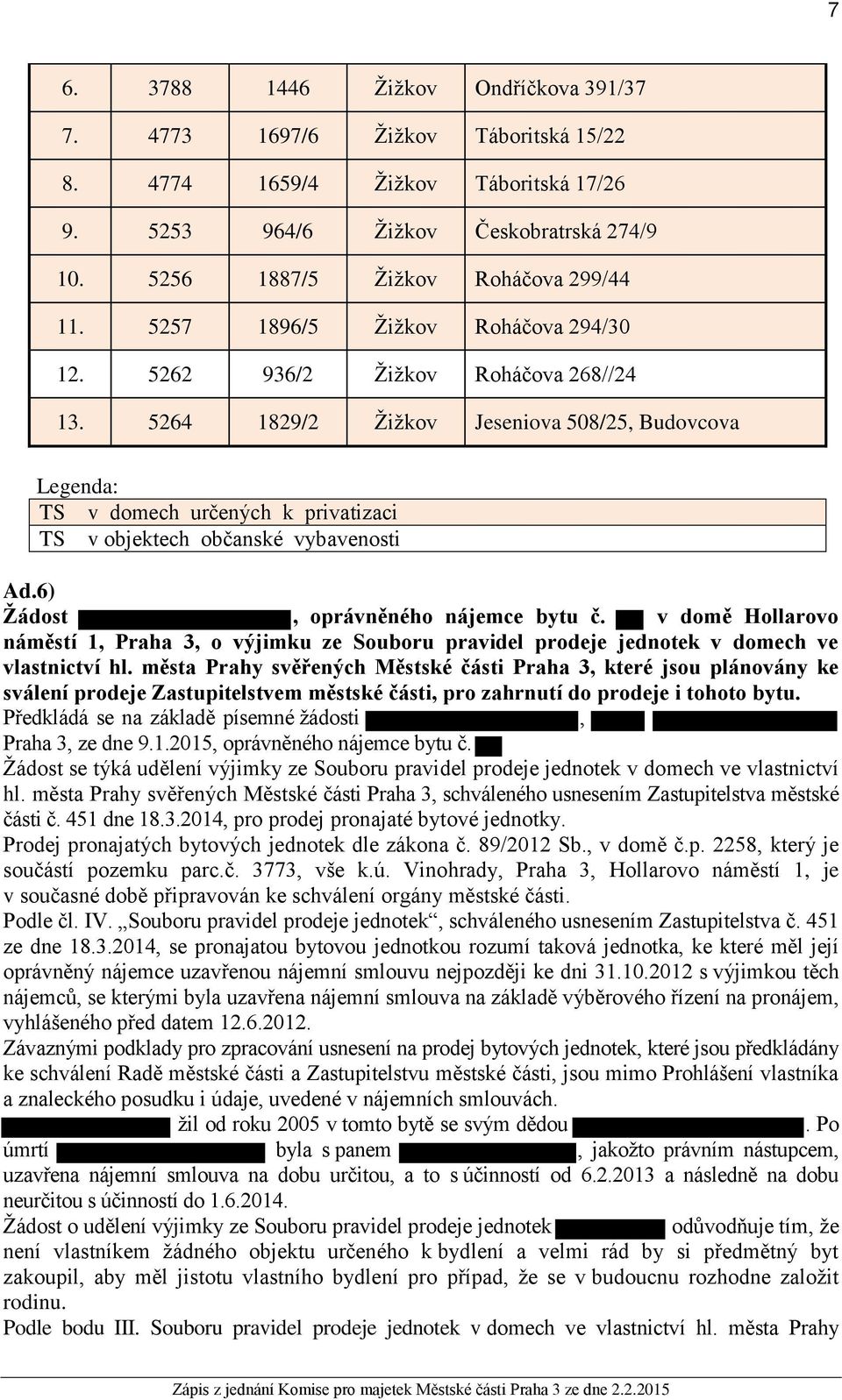 5264 1829/2 Žižkov Jeseniova 508/25, Budovcova Legenda: TS v domech určených k privatizaci TS v objektech občanské vybavenosti Ad.6) Žádost, oprávněného nájemce bytu č.