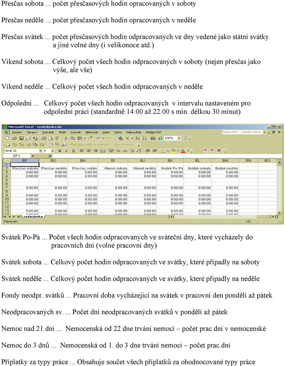 .. Celkový počet všech hodin odpracovaných v soboty (nejen přesčas jako výše, ale vše) Víkend neděle... Celkový počet všech hodin odpracovaných v neděle Odpolední.