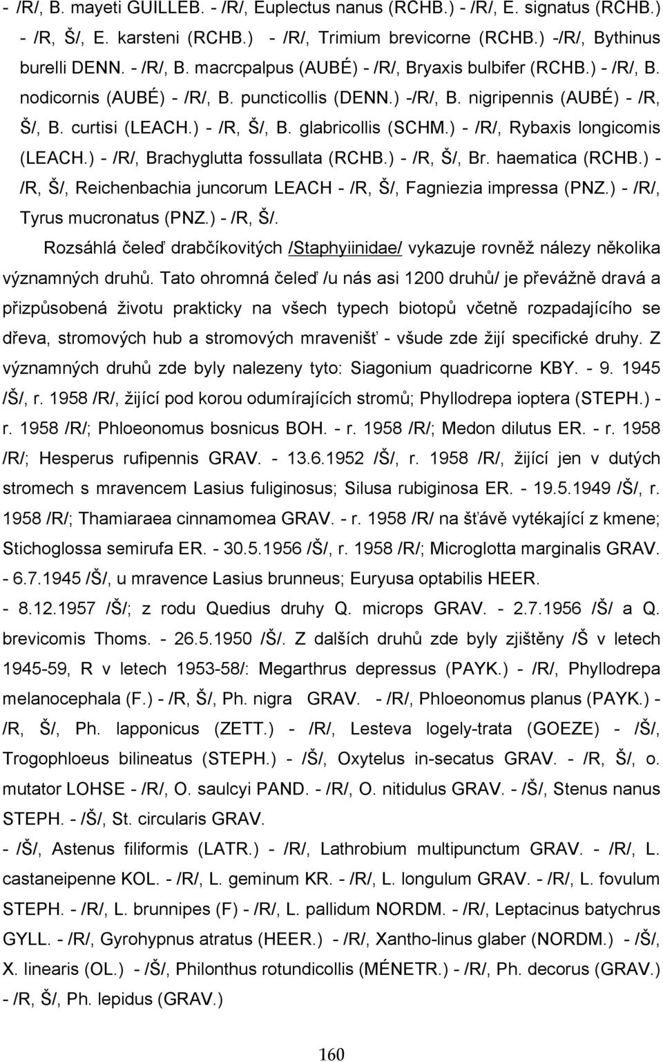 ) - /R/, Rybaxis longicomis (LEACH.) - /R/, Brachyglutta fossullata (RCHB.) - /R, Š/, Br. haematica (RCHB.) - /R, Š/, Reichenbachia juncorum LEACH - /R, Š/, Fagniezia impressa (PNZ.