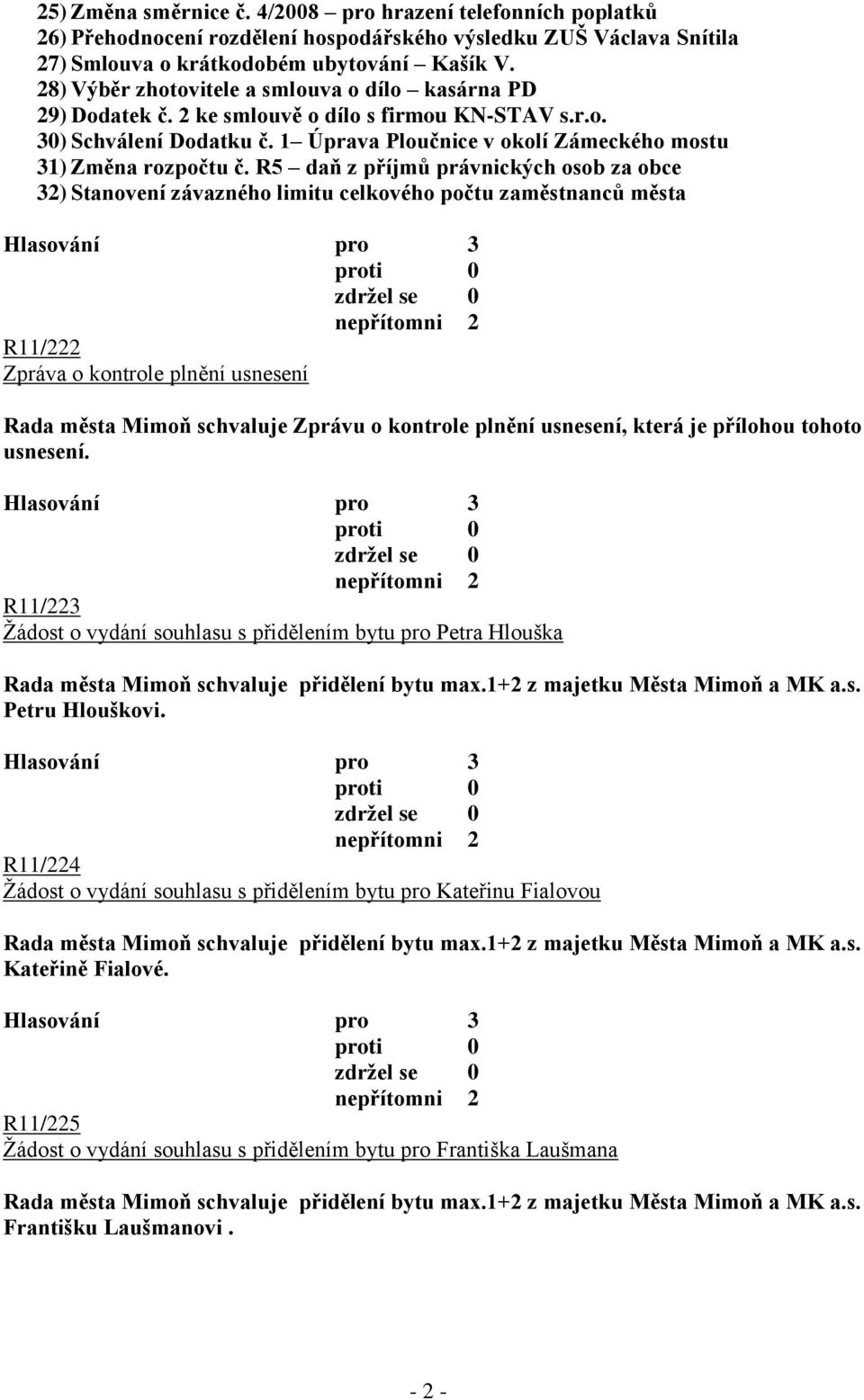 R5 daň z příjmů právnických osob za obce 32) Stanovení závazného limitu celkového počtu zaměstnanců města R11/222 Zpráva o kontrole plnění usnesení Rada města Mimoň schvaluje Zprávu o kontrole plnění