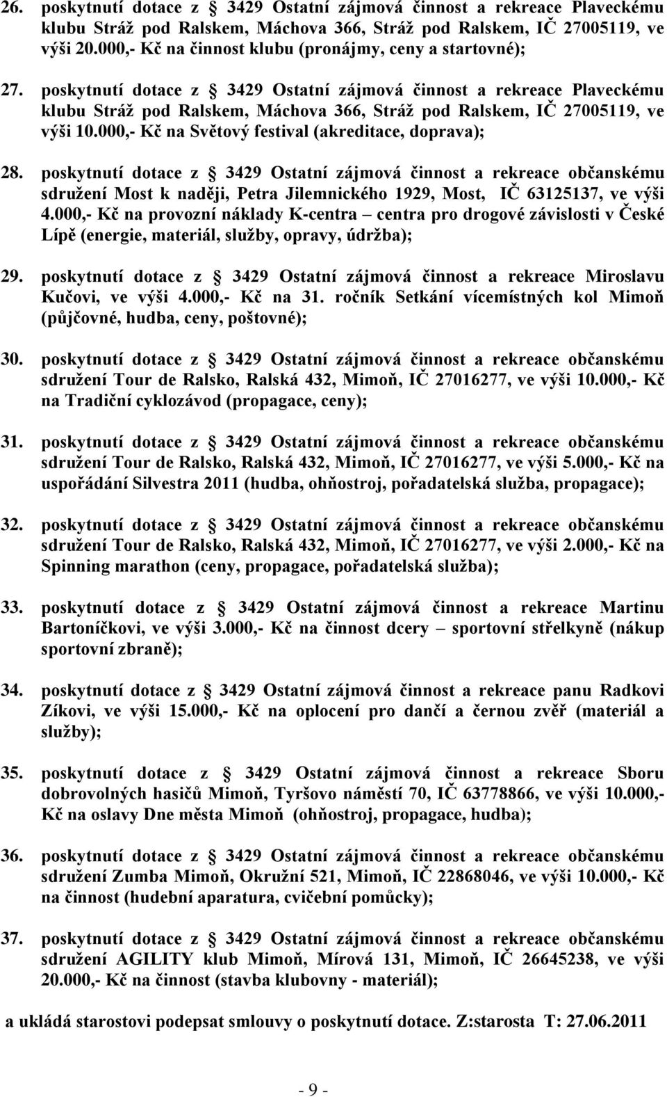 poskytnutí dotace z 3429 Ostatní zájmová činnost a rekreace Plaveckému klubu Stráţ pod Ralskem, Máchova 366, Stráţ pod Ralskem, IČ 27005119, ve výši 10.