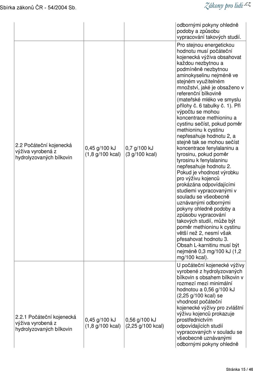 každou nezbytnou a podmíněně nezbytnou aminokyselinu nejméně ve stejném využitelném množství, jaké je obsaženo v referenční bílkovině (mateřské mléko ve smyslu přílohy č. 6 tabulky č. 1).