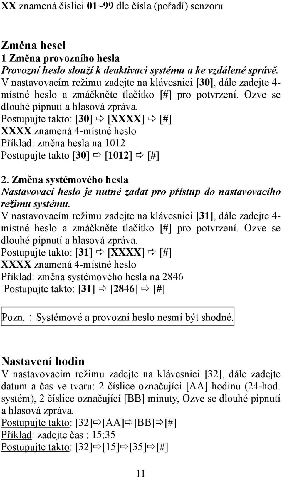 Postupujte takto: [30] [XXXX] [#] XXXX znamená 4-místné heslo Příklad: změna hesla na 1012 Postupujte takto [30] [1012] [#] 2.