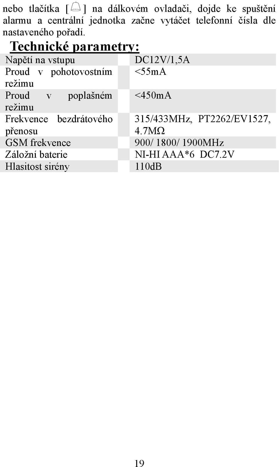 Technické parametry: Napětí na vstupu Proud v pohotovostním režimu Proud v poplašném režimu Frekvence