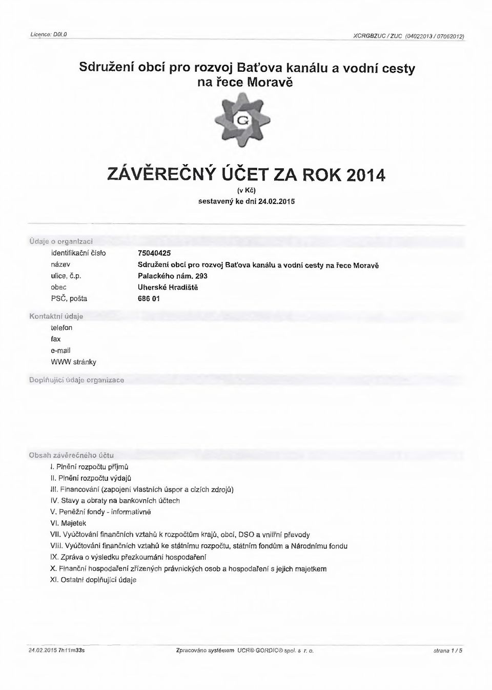 293 Uherské Hradiště 686 01 K ontaktní údaje telefon fax e-mail WWW stránky D oplňující údaje organizace Obsah závěrečného účtu I. Plnění rozpočtu příjmů II. Plněni rozpočtu výdajů III.