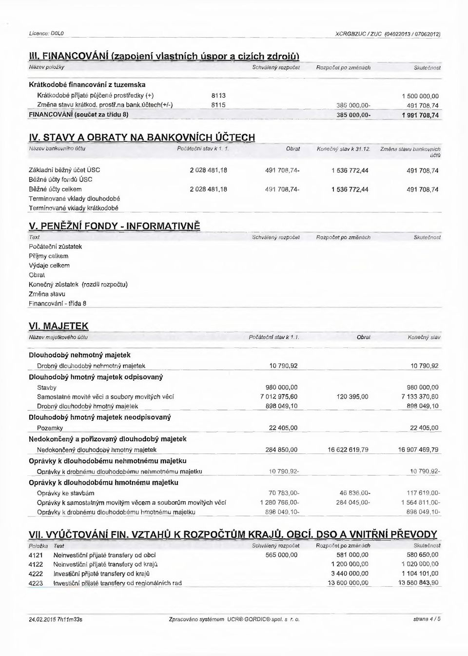 Změna stavu krátkod. prostř.na bank.účtech(+/-) 8113 8115 386 000,00-1 500 000,00 491 706.74 FINANCOVÁNÍ (součet za třídu 8) ----------------------------- ----------------- 385 000,00-1 991 708,74 IV.