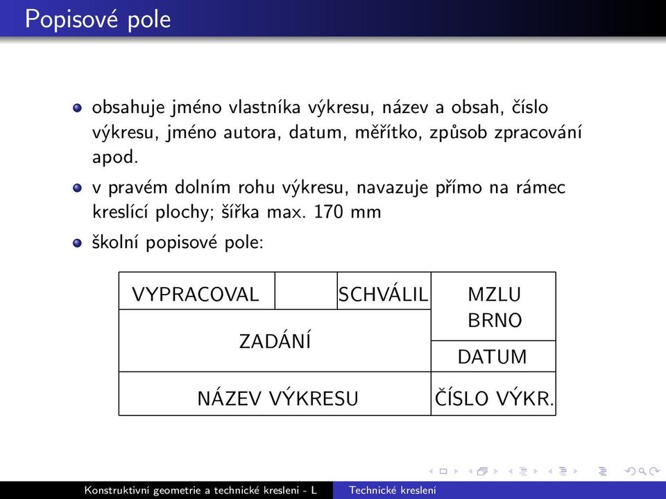 v pravém dolním rohu výkresu, navazuje přímo na rámec kreslící plochy; šířka