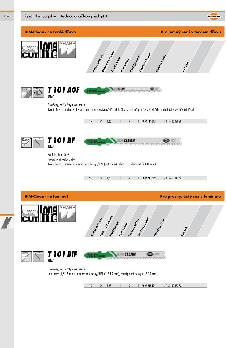 dřevo, lamináty, laminované desky /HPL (3-30 mm), plasty/sklolaminát (ø<30 mm) 2,7 74 1,25 I 5 1 F 00Y 240 512 4 014 468 017 667 -Clean - na laminát Pro přesný, čistý řez v