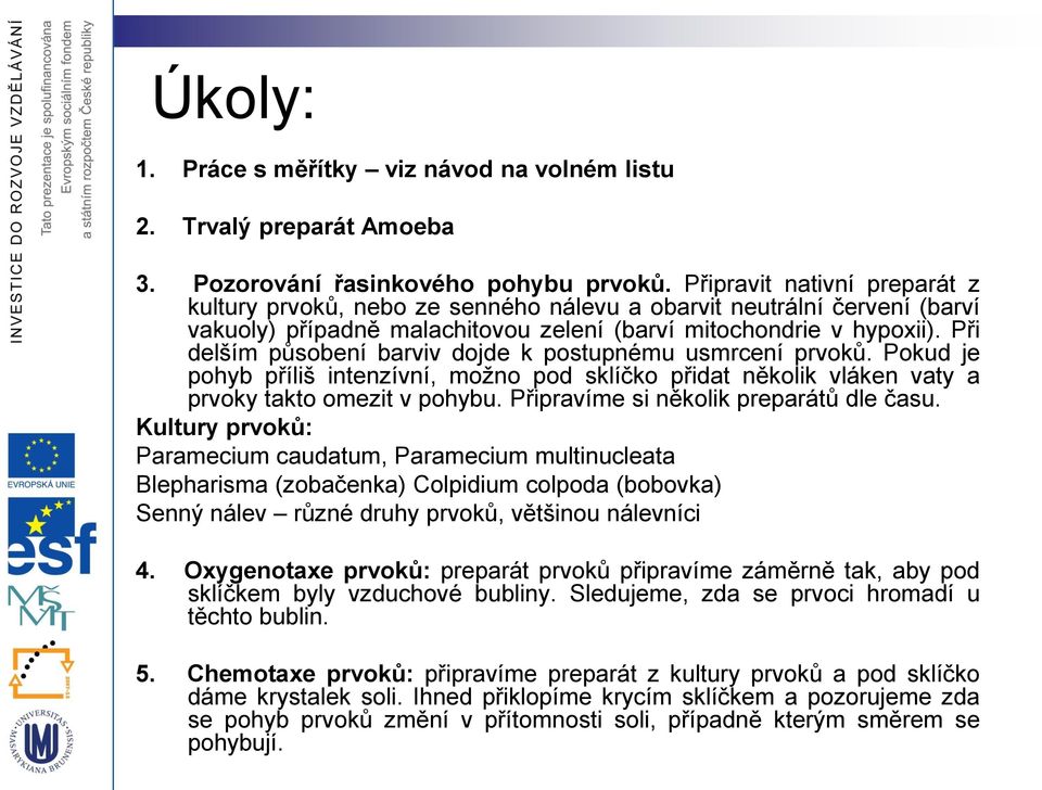 Při delším působení barviv dojde k postupnému usmrcení prvoků. Pokud je pohyb příliš intenzívní, možno pod sklíčko přidat několik vláken vaty a prvoky takto omezit v pohybu.