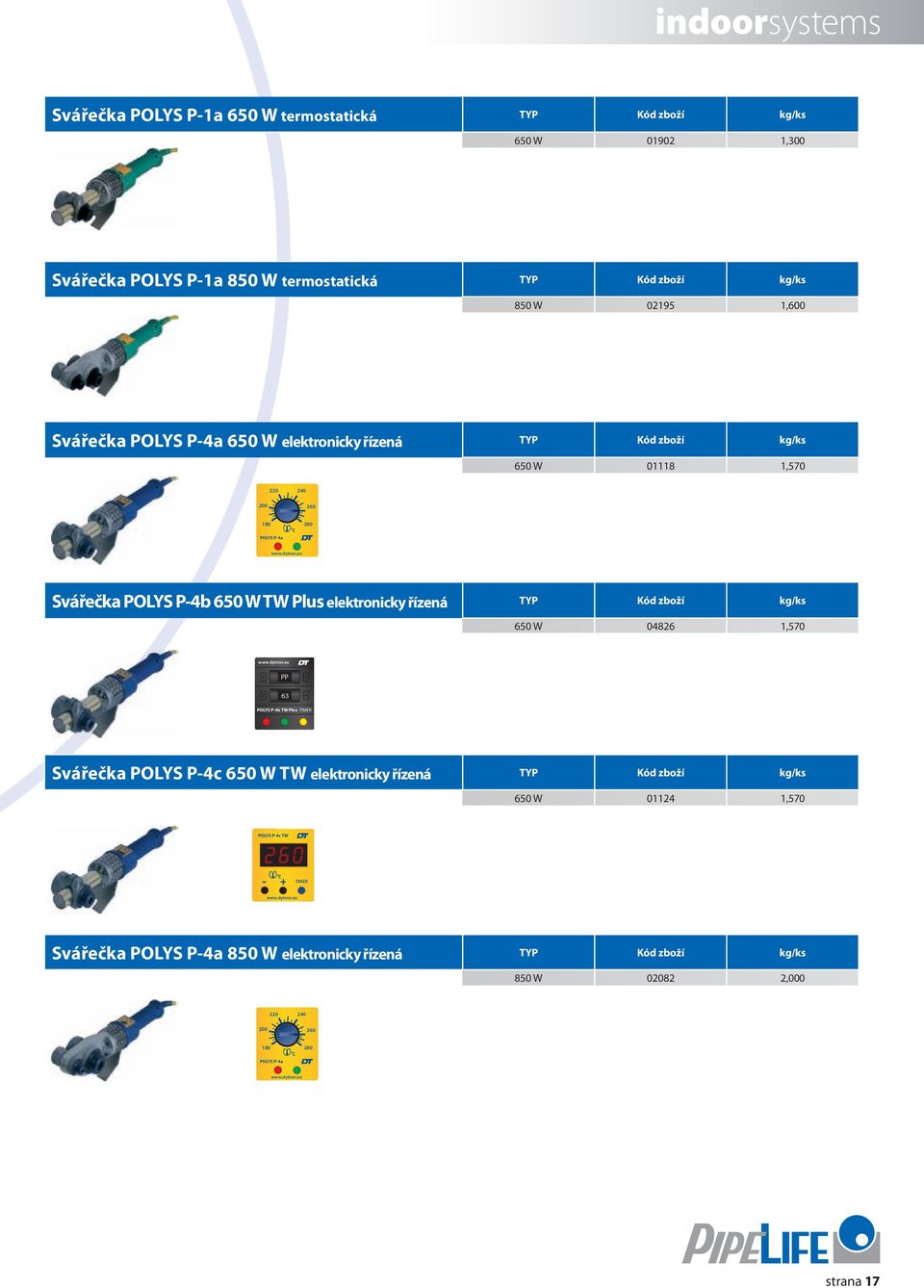 P-4a TW TIMER PP 63 POLYS P-4b TW Plus TIMER POLYS P-4c TW - + TIMER Svářečka POLYS P-4b 650 W TW Plus elektronicky řízená TYP Kód zboží kg/ks 650 W 04826 1,570 220 240 POLYS P-4c TW 200 180 260 280