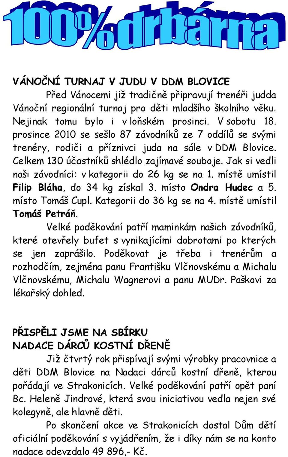 Jak si vedli naši závodníci: v kategorii do 26 kg se na 1. místě umístil Filip Bláha, do 34 kg získal 3. místo Ondra Hudec a 5. místo Tomáš Cupl. Kategorii do 36 kg se na 4.