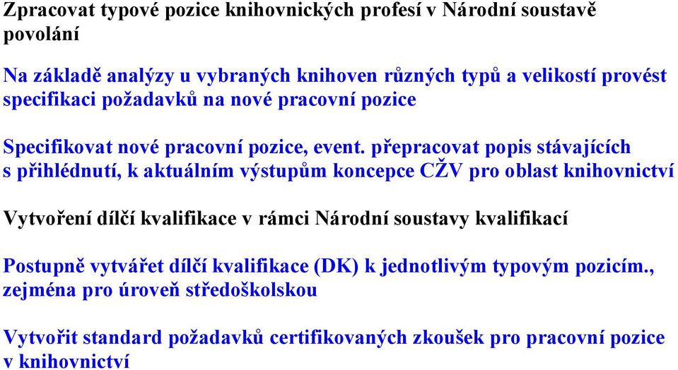 přepracovat popis stávajících s přihlédnutí, k aktuálním výstupům koncepce CŽV pro oblast knihovnictví Vytvoření dílčí kvalifikace v rámci Národní