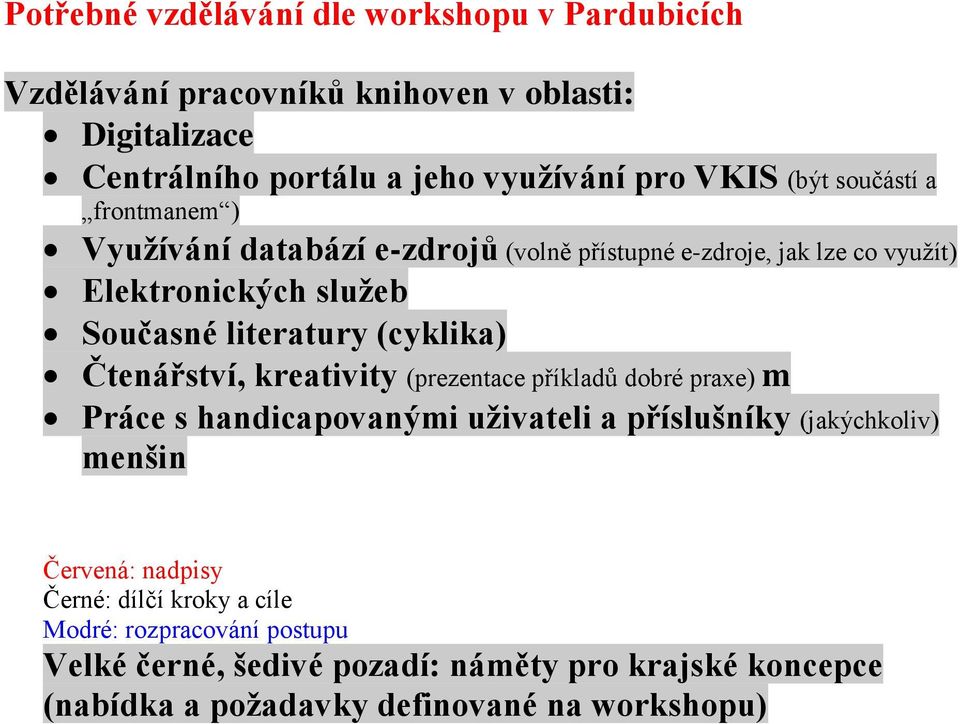 (cyklika) Čtenářství, kreativity (prezentace příkladů dobré praxe) m Práce s handicapovanými uživateli a příslušníky (jakýchkoliv) menšin Červená: