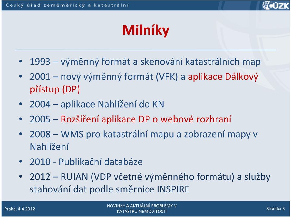 webové rozhraní 2008 WMS pro katastrální mapu a zobrazení mapy v Nahlížení 2010 Publikační