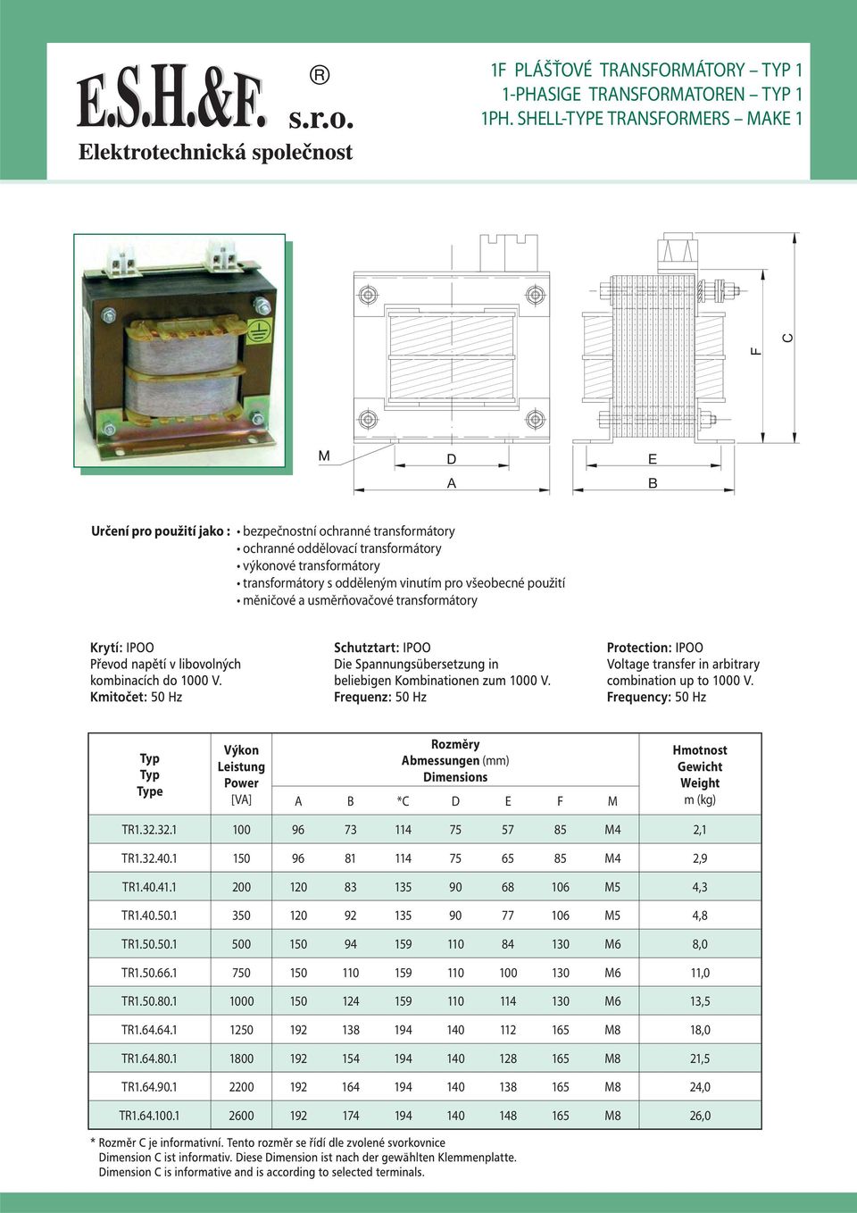 všeobecné použití měničové a usměrňovačové transformátory e Výkon Leistung Power [VA] Abmessungen (mm) A B *C D E F M m (kg) TR1.32.32.1 100 96 73 114 75 57 85 M4 2,1 TR1.32.40.