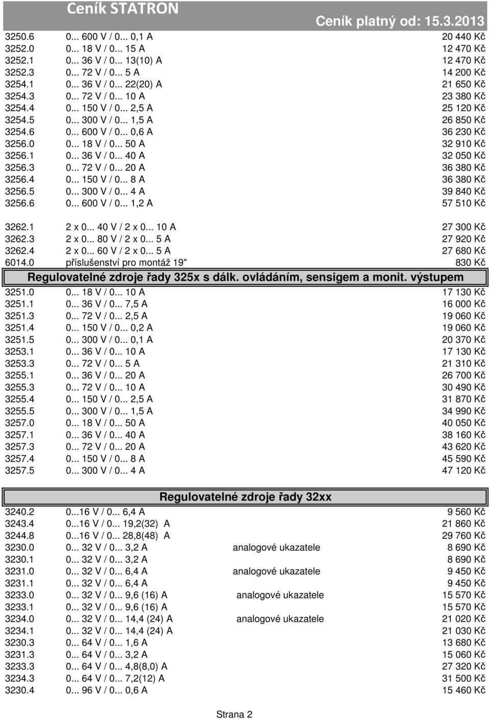 1 0... 36 V / 0... 40 A 32 050 Kč 3256.3 0... 72 V / 0... 20 A 36 380 Kč 3256.4 0... 150 V / 0... 8 A 36 380 Kč 3256.5 0... 300 V / 0... 4 A 39 840 Kč 3256.6 0... 600 V / 0... 1,2 A 57 510 Kč 3262.