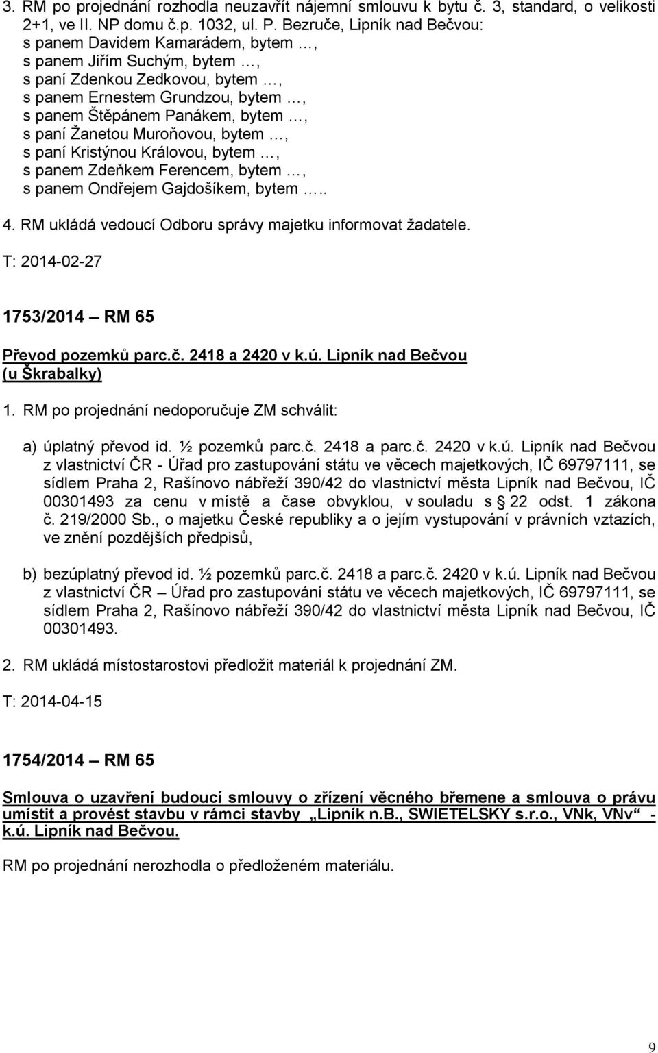 Žanetou Muroňovou, bytem, s paní Kristýnou Královou, bytem, s panem Zdeňkem Ferencem, bytem, s panem Ondřejem Gajdošíkem, bytem.. 4. RM ukládá vedoucí Odboru správy majetku informovat žadatele.