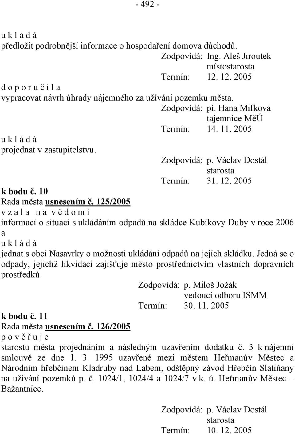 125/2005 informaci o situaci s ukládáním odpadů na skládce Kubíkovy Duby v roce 2006 a jednat s obcí Nasavrky o možnosti ukládání odpadů na jejich skládku.