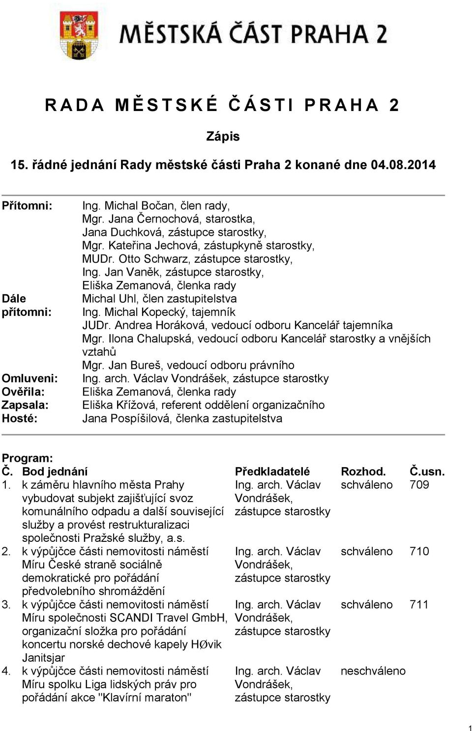 Jan Vaněk, zástupce starostky, Eliška Zemanová, členka rady Michal Uhl, člen zastupitelstva Ing. Michal Kopecký, tajemník JUDr. Andrea Horáková, vedoucí odboru Kancelář tajemníka Mgr.