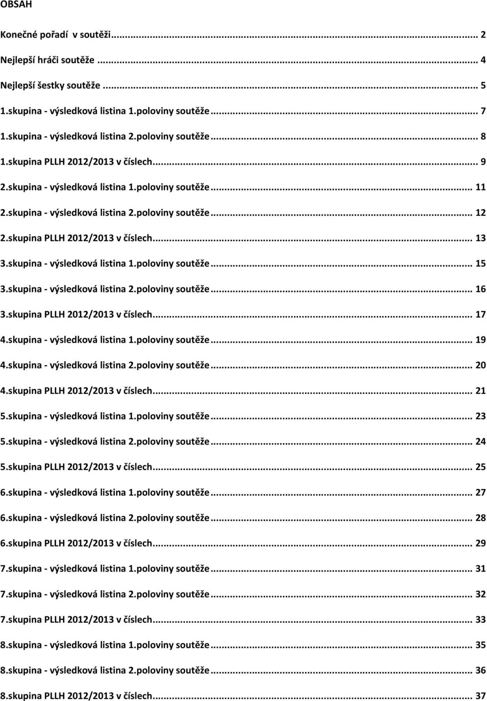 skupina výsledková listina 1.poloviny soutěže... 15 3.skupina výsledková listina 2.poloviny soutěže... 16 3.skupina PLLH 2012/2013 v číslech... 17 4.skupina výsledková listina 1.poloviny soutěže... 19 4.