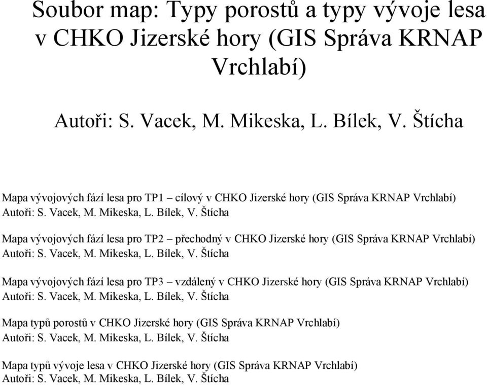 Správa KRNAP Vrchlabí) Mapa vývojových fází lesa pro TP3 vzdálený v CHKO Jizerské hory (GIS Správa KRNAP Vrchlabí) Mapa typů