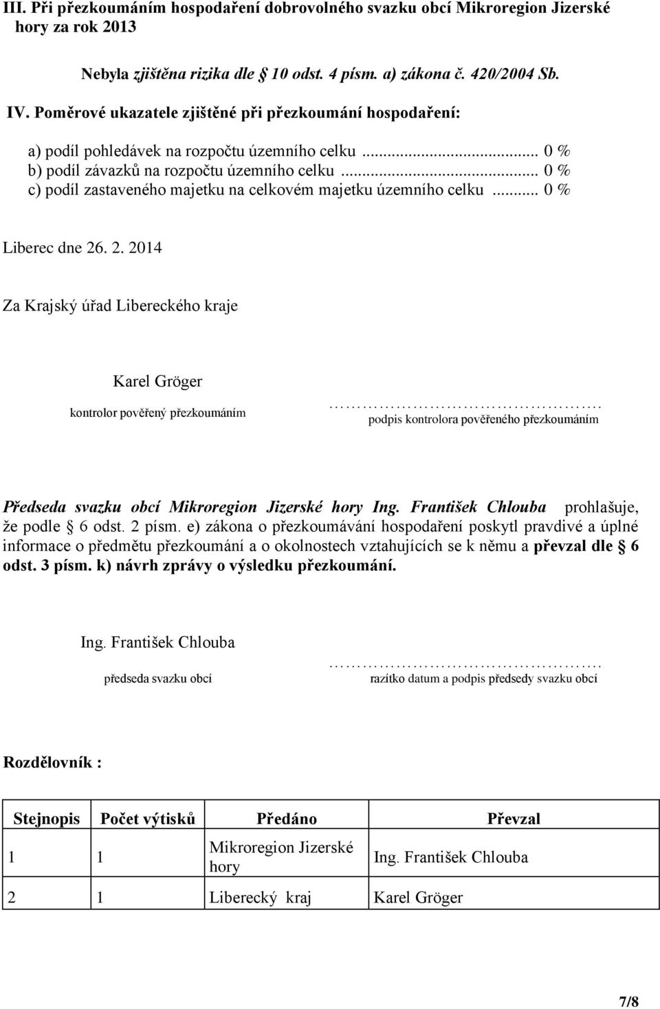 .. 0 % c) podíl zastaveného majetku na celkovém majetku územního celku... 0 % Liberec dne 26. 2. 2014 Za Krajský úřad Libereckého kraje Karel Gröger kontrolor pověřený přezkoumáním.