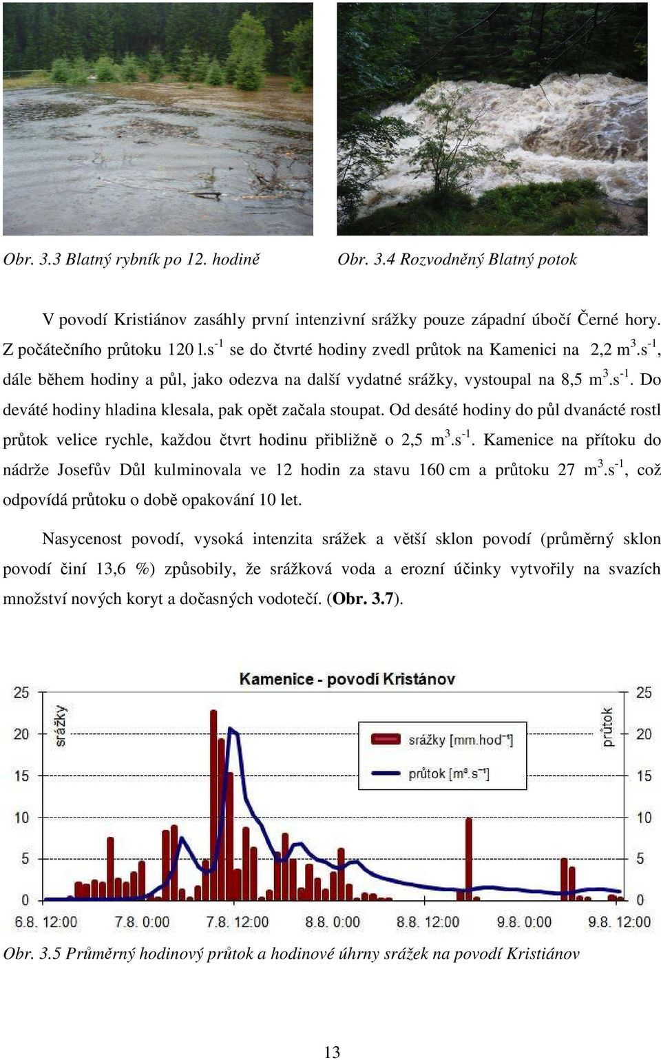 Od desáté hodiny do půl dvanácté rostl průtok velice rychle, každou čtvrt hodinu přibližně o 2,5 m 3.s -1.