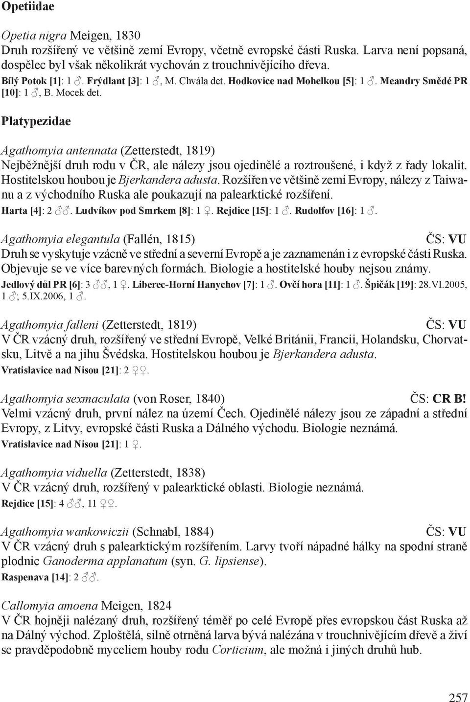 Platypezidae Agathomyia antennata (Zetterstedt, 1819) Nejběžnější druh rodu v ČR, ale nálezy jsou ojedinělé a roztroušené, i když z řady lokalit. Hostitelskou houbou je Bjerkandera adusta.