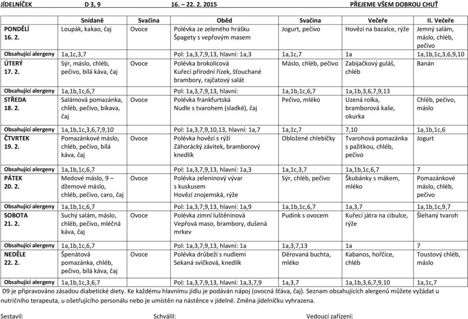 káva, Máslo, chléb, Zabijačkový guláš, chléb Polévka brokolicová Kuřecí přírodní řízek, šťouchané brambory, rajčatový salát Obsahující alergeny 1a,1b,1c,6,7 Pol: 1a,3,7,9,13, hlavní: 1a,1b,1c,6,7