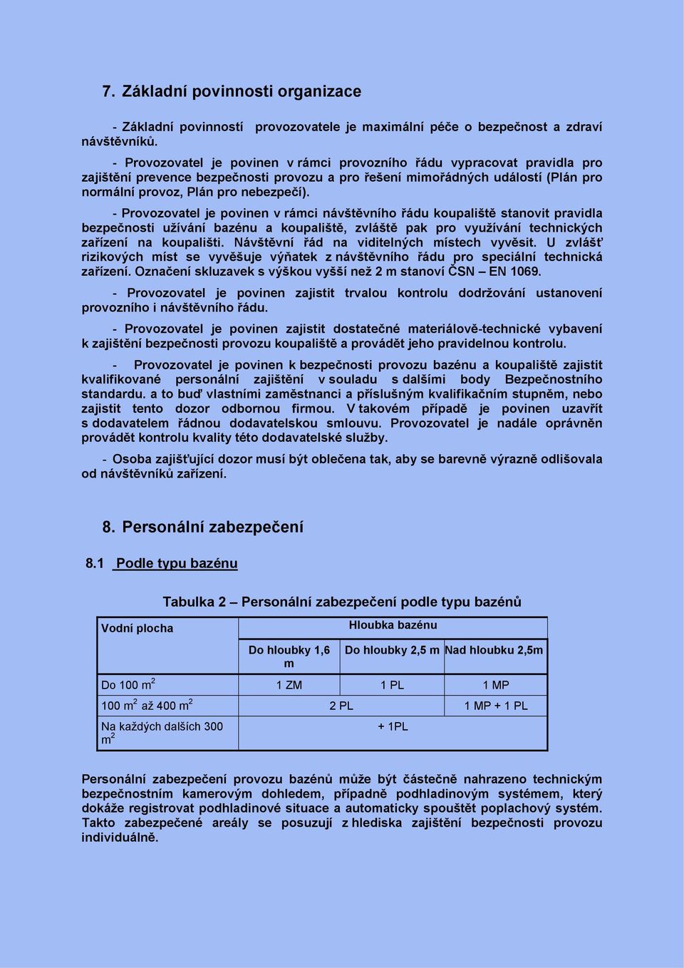 - Provozovatel je povinen v rámci návštěvního řádu koupaliště stanovit pravidla bezpečnosti užívání bazénu a koupaliště, zvláště pak pro využívání technických zařízení na koupališti.