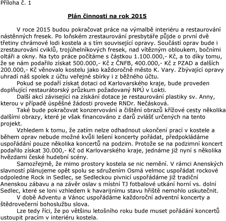 Součástí oprav bude i zrestaurování cviklů, trojúhelníkových fresek, nad vítězným obloukem, bočními oltáři a okny. Na tyto práce počítáme s částkou 1.100.