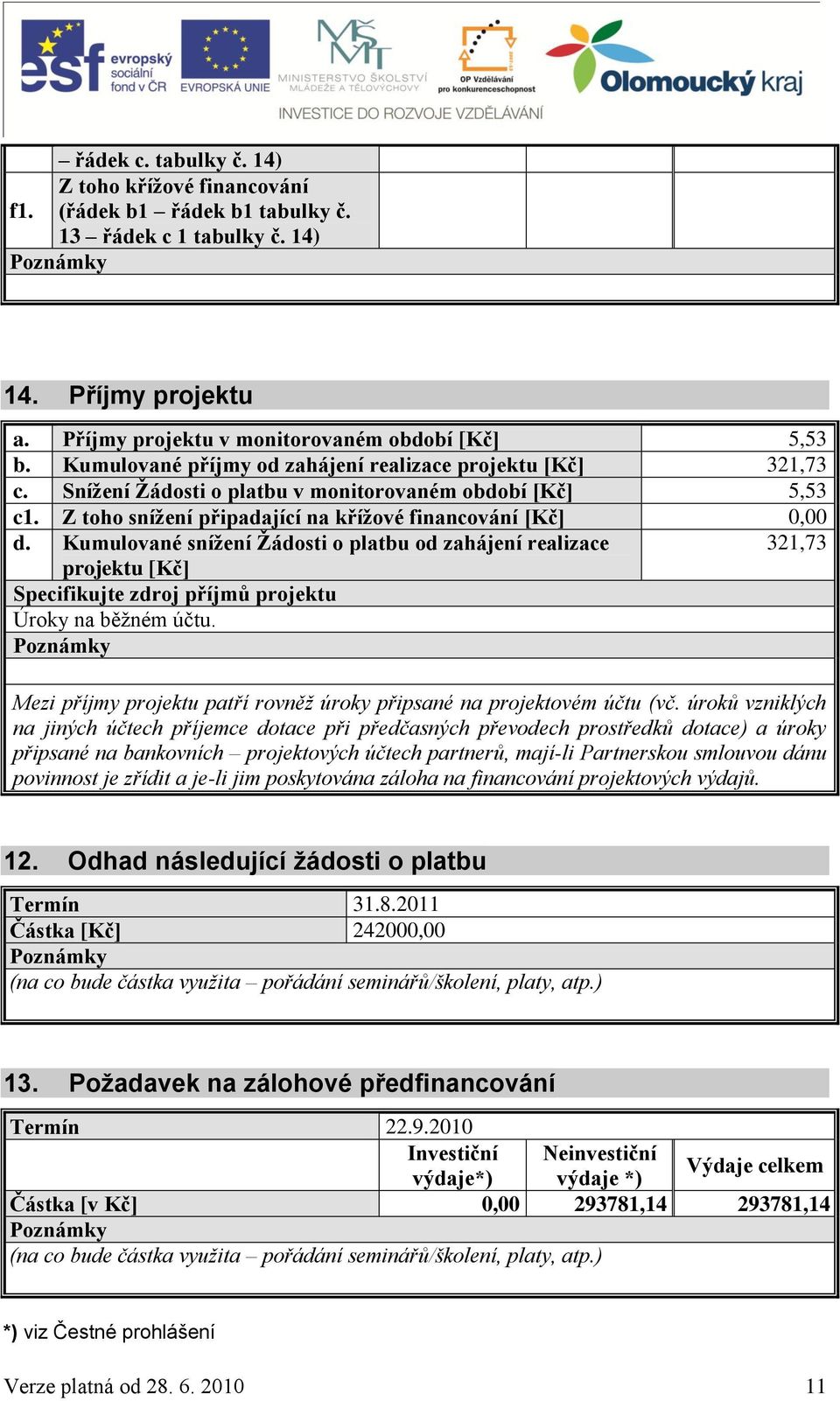 Kumulované snížení Žádosti o platbu od zahájení realizace 321,73 projektu [Kč] Specifikujte zdroj příjmů projektu Úroky na běžném účtu.