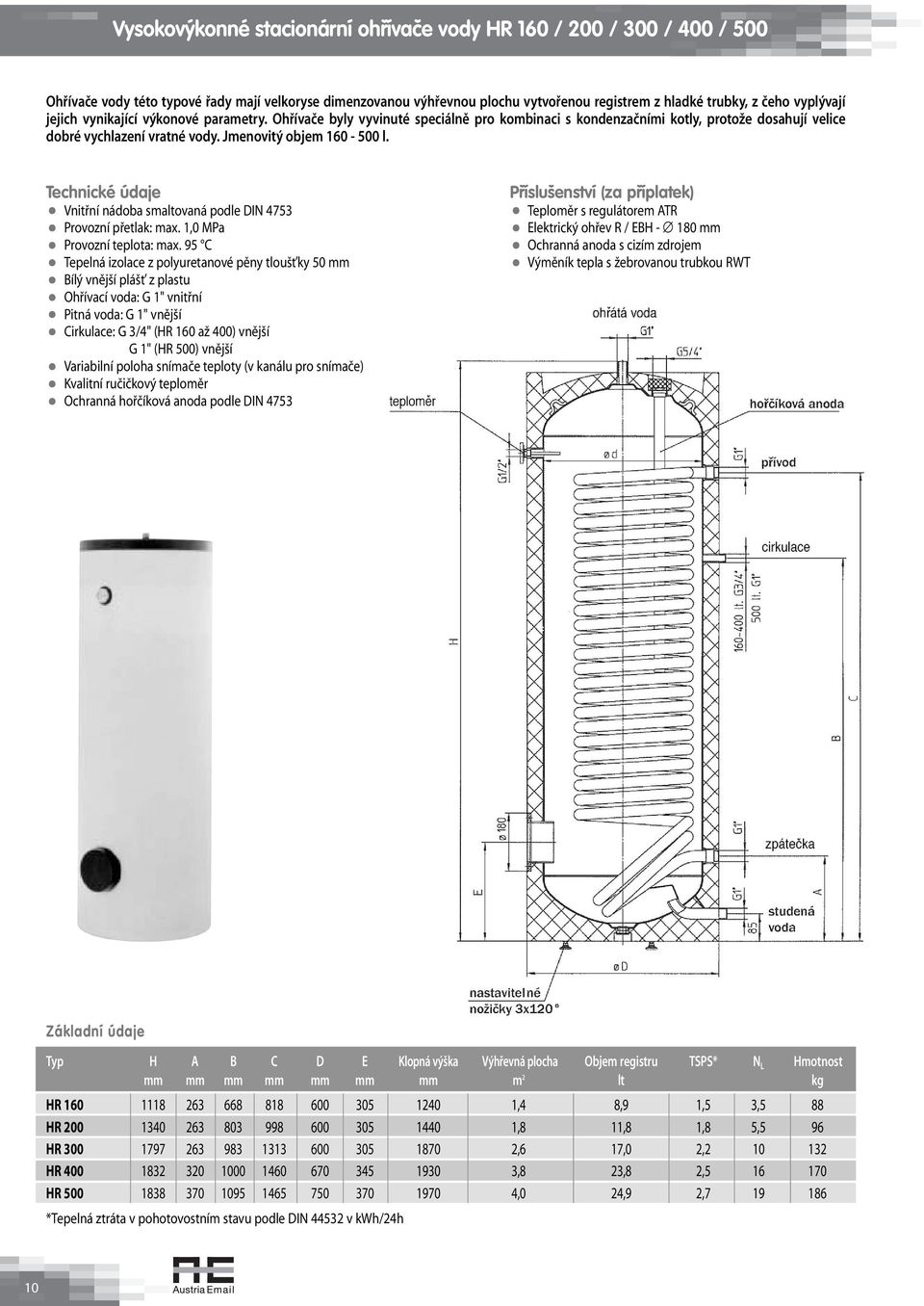 Technické údaje Vnitřní nádoba smaltovaná podle DIN 4753 Provozní přetlak: max 1,0 MPa Provozní teplota: max 95 C Tepelná izolace z polyuretanové pěny tloušťky 50 mm Bílý vnější plášť z plastu
