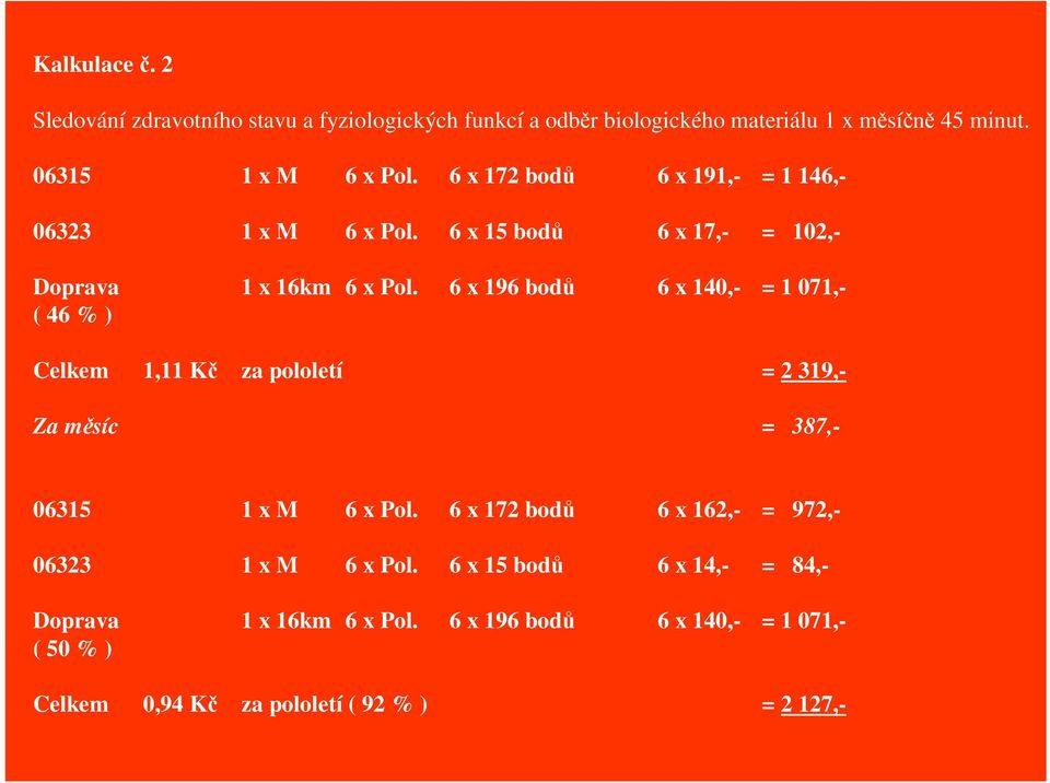 6 x 196 bod 6 x 140,- = 1 071,- ( 46 % ) Celkem 1,11 K za pololetí = 2 319,- Za msíc = 387,- 06315 1 x M 6 x Pol.