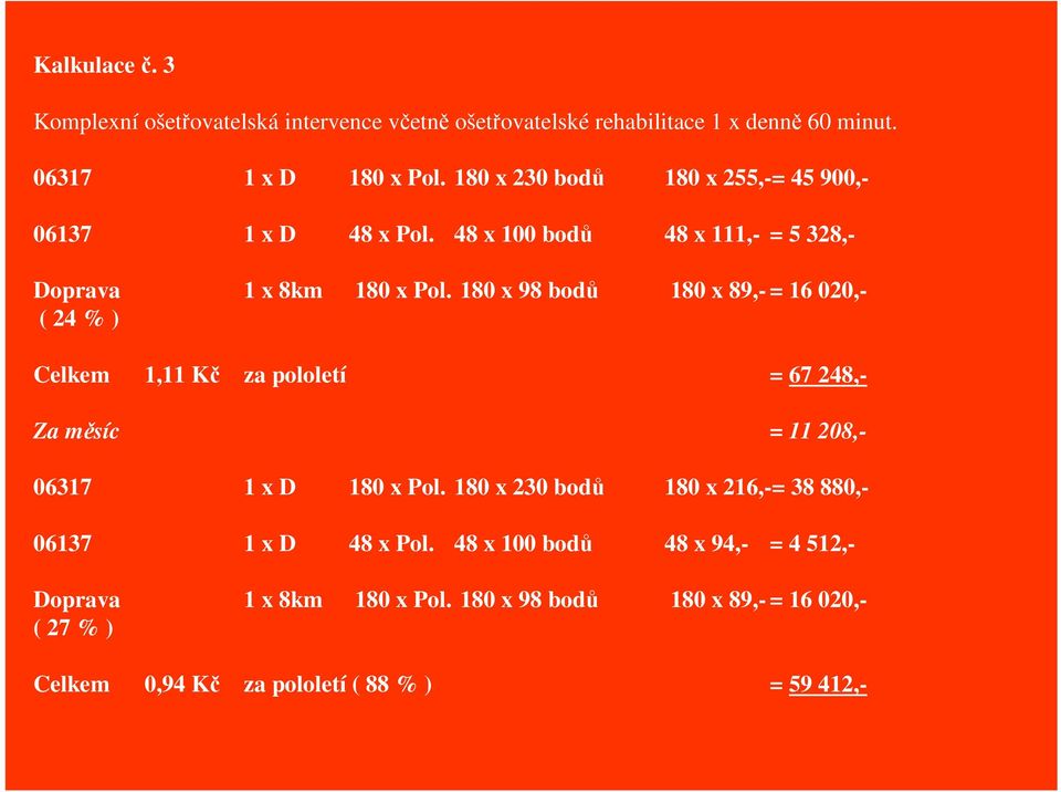 180 x 98 bod 180 x 89,- = 16 020,- ( 24 % ) Celkem 1,11 K za pololetí = 67 248,- Za msíc = 11 208,- 06317 1 x D 180 x Pol.