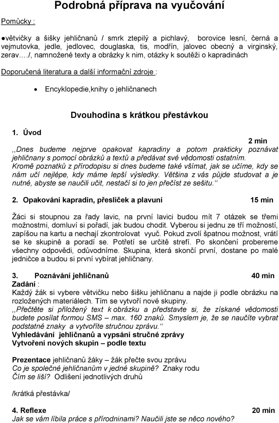 /, namnožené texty a obrázky k nim, otázky k soutěži o kapradinách Doporučená literatura a další informační zdroje : Encyklopedie,knihy o jehličnanech Dvouhodina s krátkou přestávkou 1.