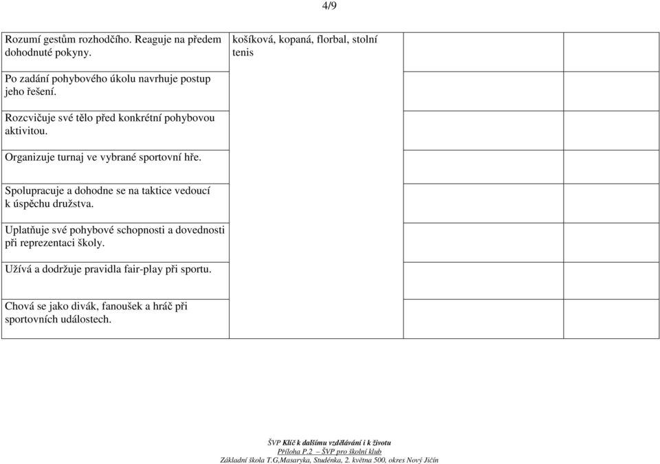 Rozcvičuje své tělo před konkrétní pohybovou aktivitou. Organizuje turnaj ve vybrané sportovní hře.