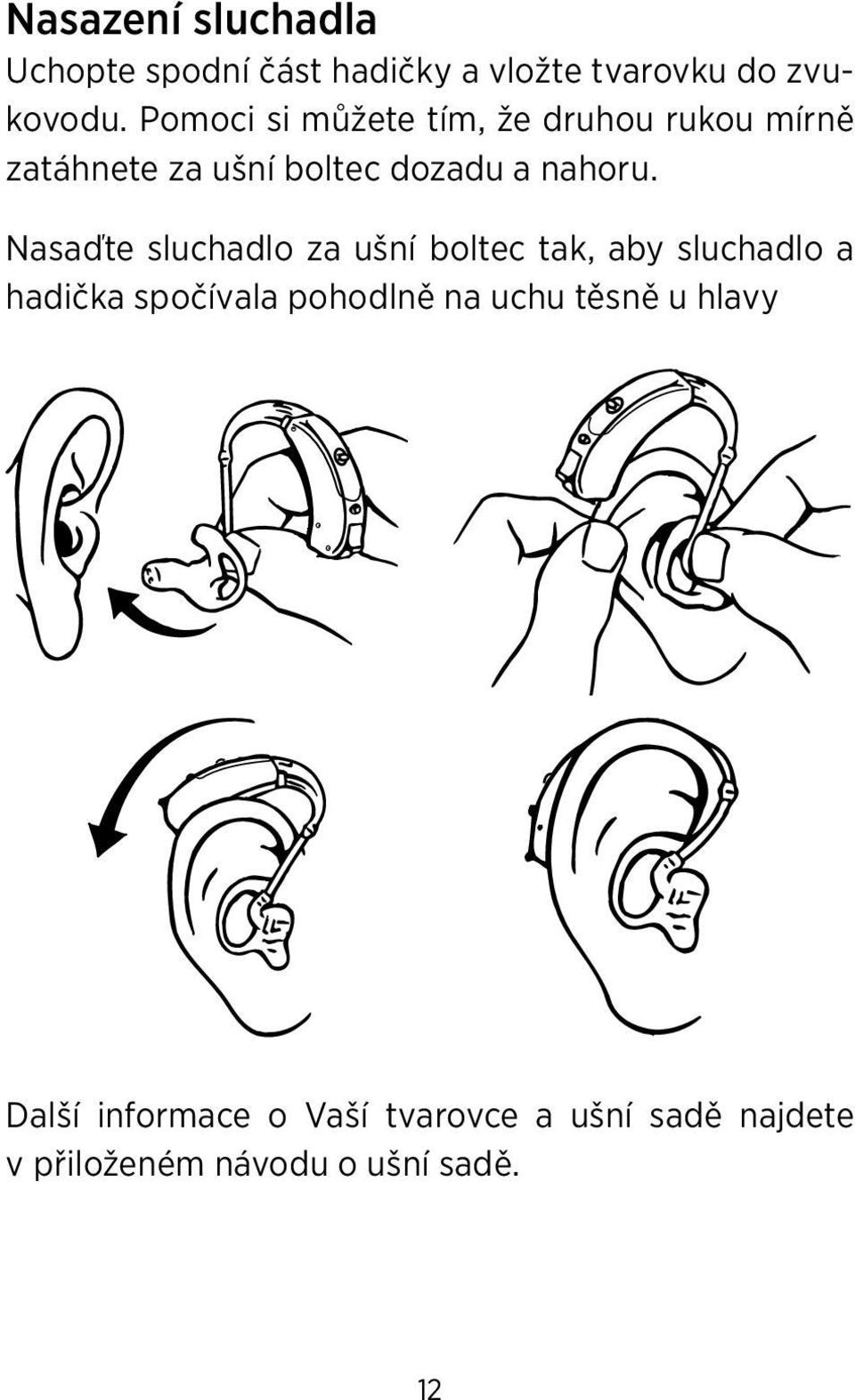 Nasaďte sluchadlo za ušní boltec tak, aby sluchadlo a hadička spočívala pohodlně na uchu