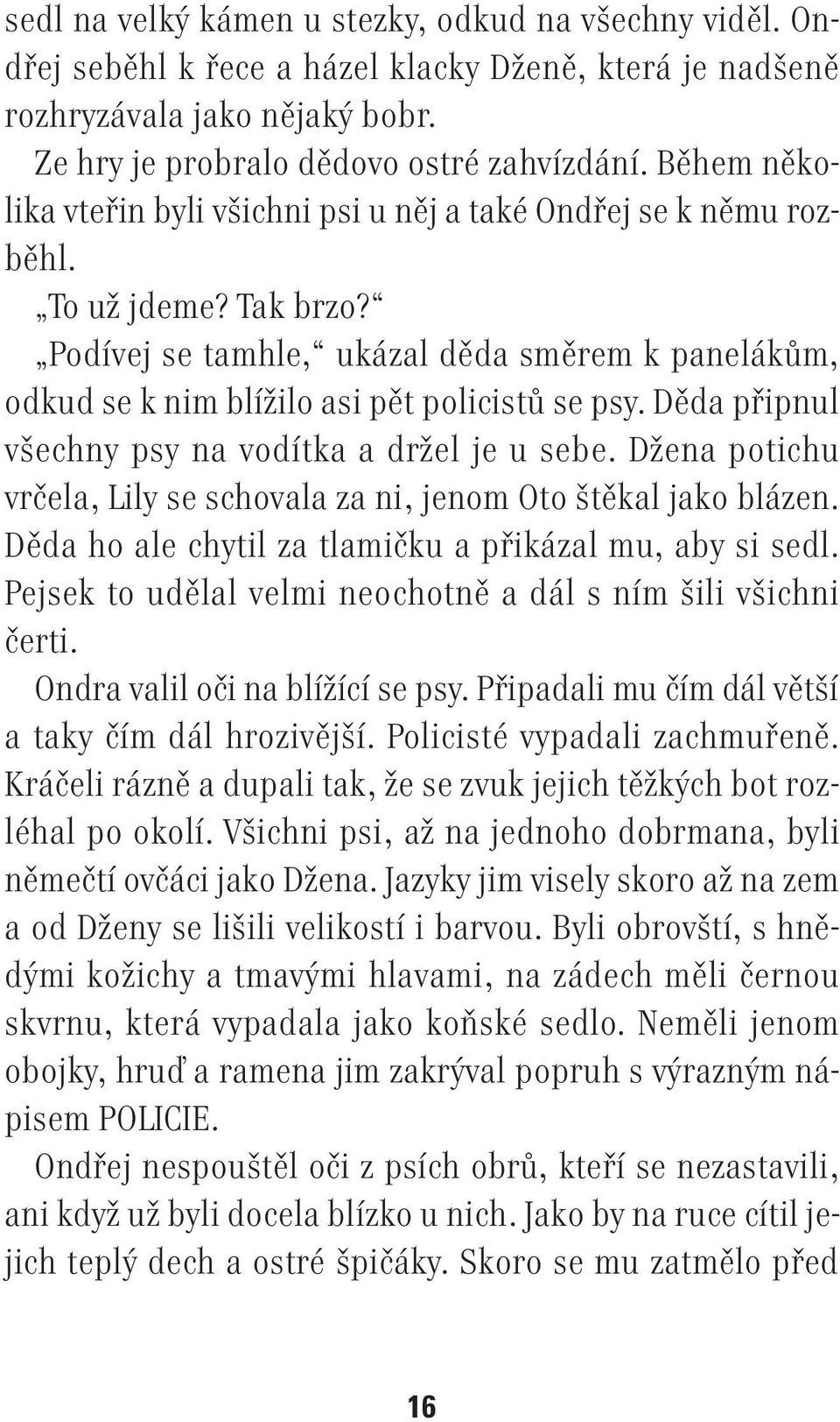 Děda připnul všechny psy na vodítka a držel je u sebe. Džena potichu vrčela, Lily se schovala za ni, jenom Oto štěkal jako blázen. Děda ho ale chytil za tlamičku a přikázal mu, aby si sedl.