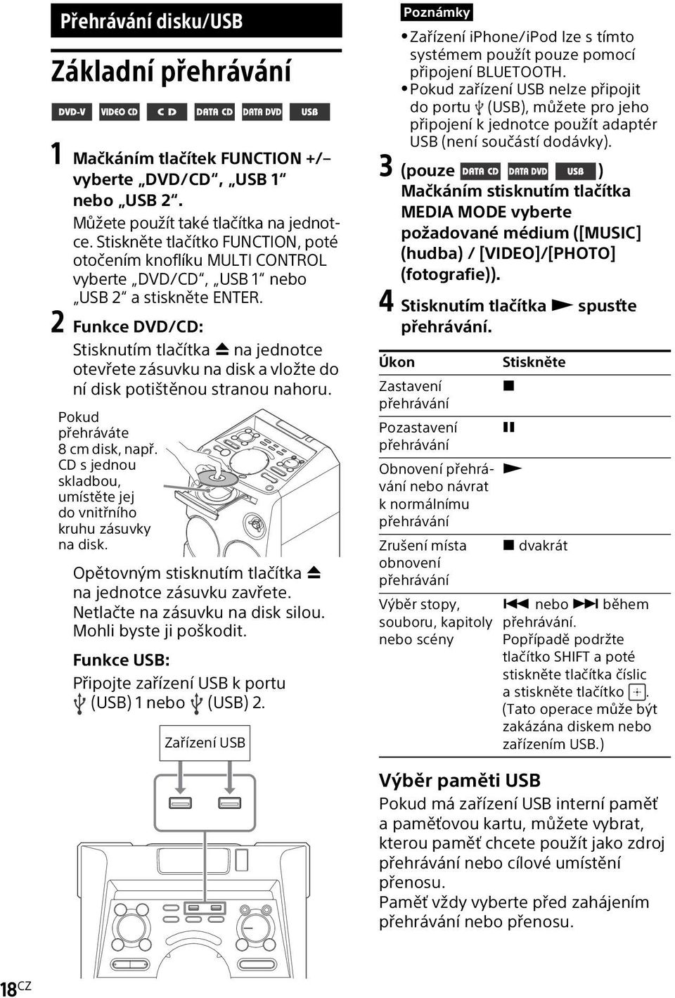 2 Funkce DVD/CD: Stisknutím tlačítka na jednotce otevřete zásuvku na disk a vložte do ní disk potištěnou stranou nahoru. Pokud přehráváte 8 cm disk, např.